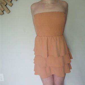 Strapless Ruffle Tiered Sundress / Tan Summer Vacation Dress